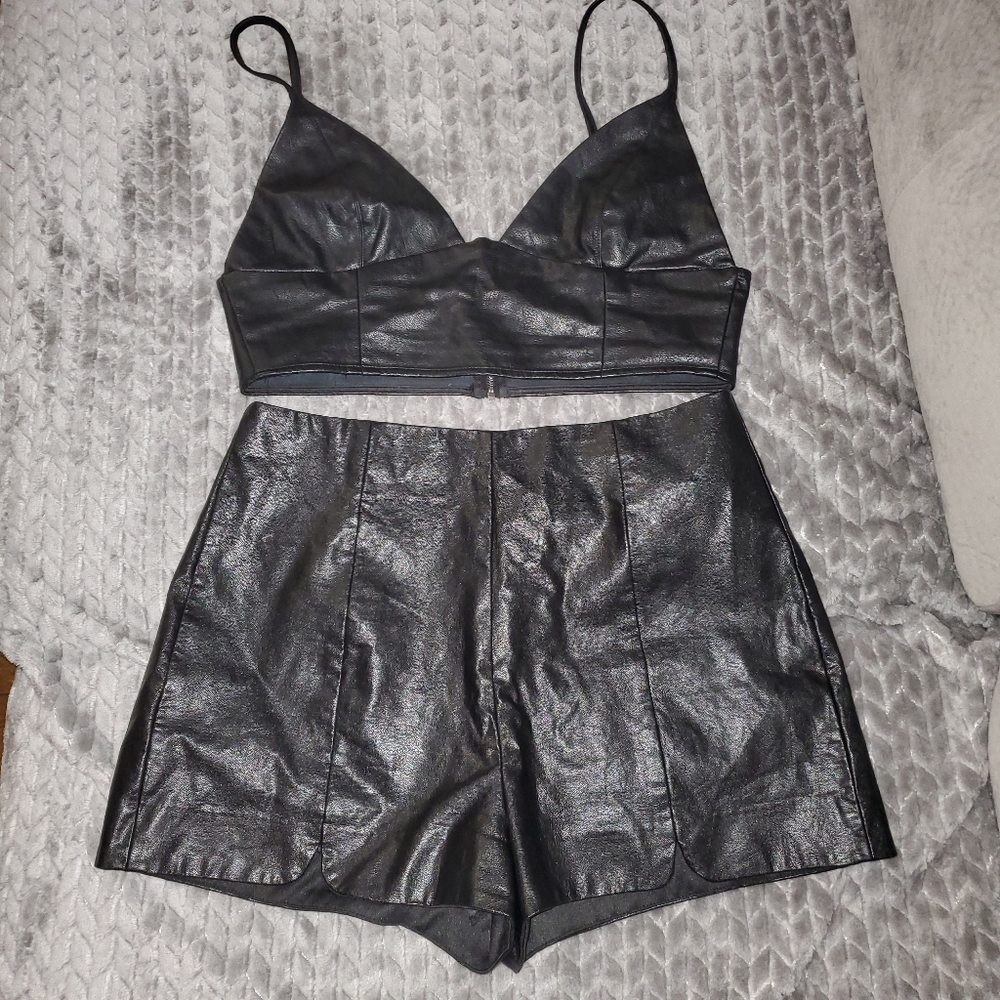 Black faux leather bralette & high rise short set